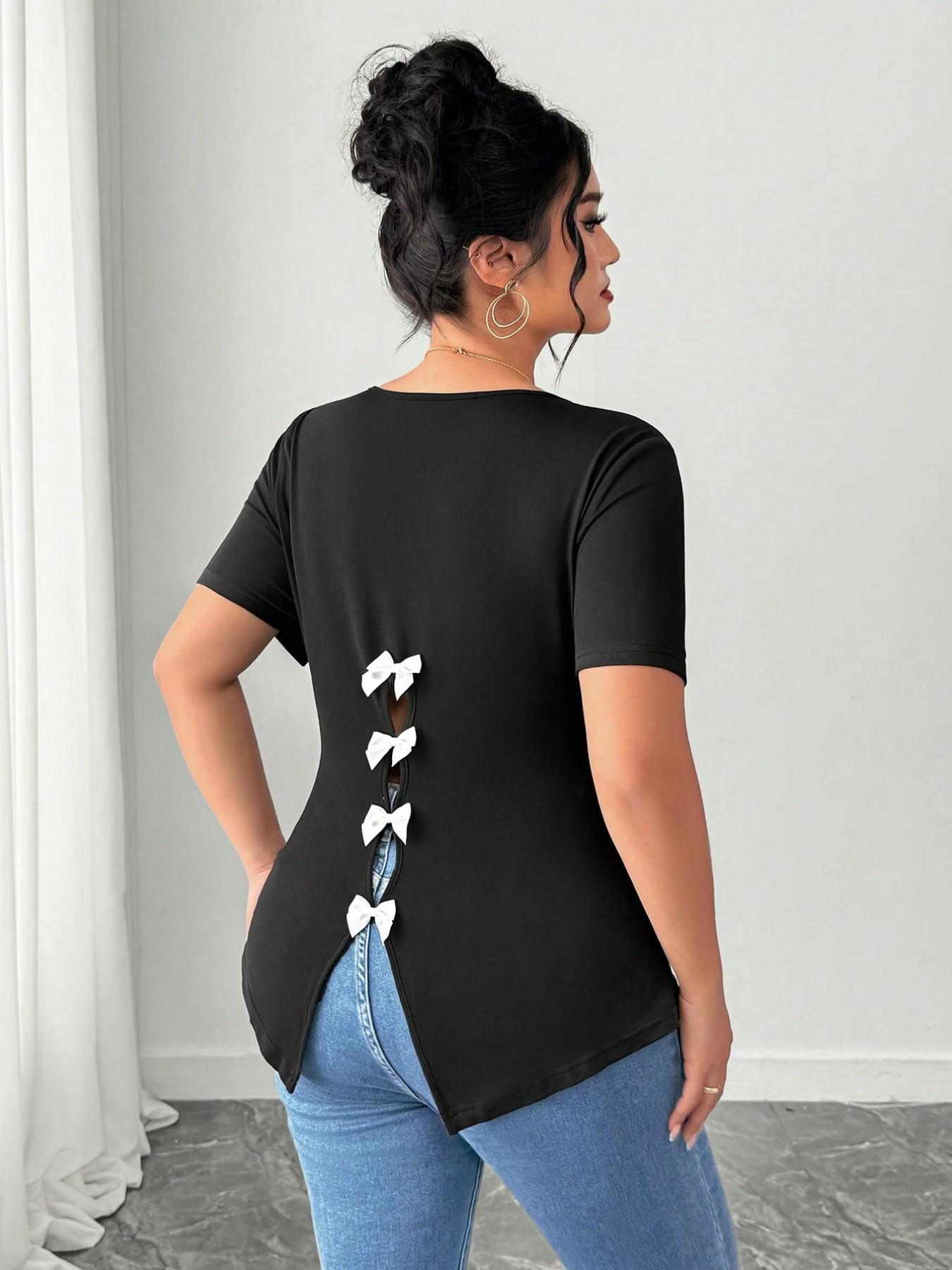 Plus Size Women's Back Bow Short Sleeve T-Shirt, Asymmetrical Hem Slimming Top, Casual Summer Fashion, Comfortable and Stylish