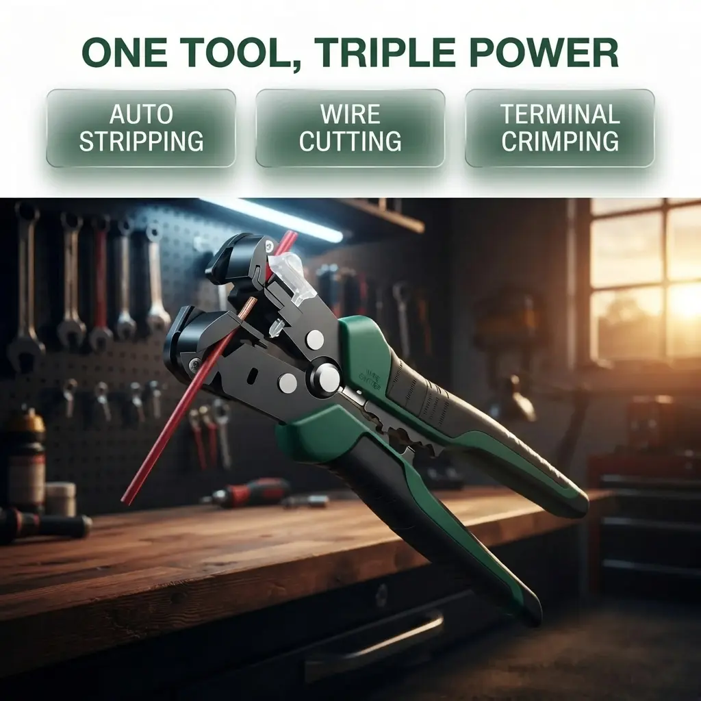 3‑in‑1 Automatic Wire Stripper, Heavy‑Duty 10‑24 AWG Self‑Adjusting Stripping Cutting Crimping Pliers, Electrician Tool for Copper Aluminum Wiring Repair