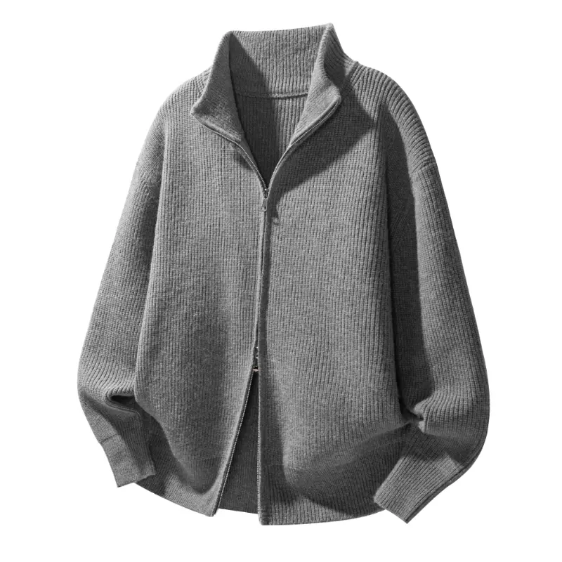 Men's High Collar Double-Zip Knit Cardigan, Vertical Rib Texture, Dual Zipper Design, Thick and Soft Fabric, Minimalist Style, Flexible Wearing, Versatile for Layering, Suitable for Daily Outfits in Autumn and Winter.