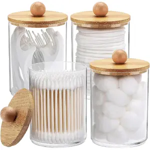 4 Pack Qtip Holder, 10-Ounce Bathroom Organizer Accessories Storage Containers Clear Plastic Apothecary Jars with Bamboo Lids for Cotton Ball, Cotton Swab, Floss Canister - Vanity Organizer| Bathroom Storage Set, Sustainable Bathroom Accessories