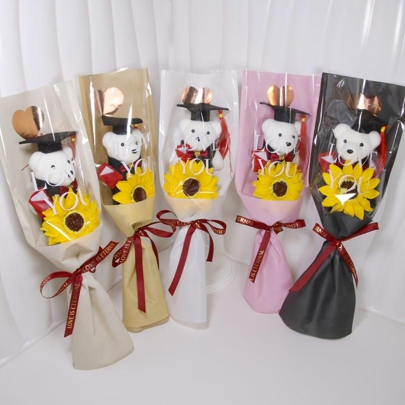 3pc Golden Heart Wrapped Teddy Bear with Graduation Cap Bouquet, Artificial Sunflower Bouquet, a Gift for Friends, Classmates, or Girlfriends during Graduation Season