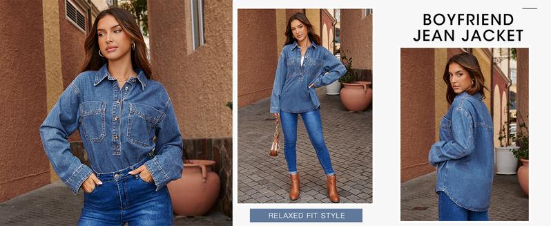 FMEYOA S~2XL Womenswear FallFreshness Denim Pullover Casual Comfort Button V Neck Blouse Loose Fit Tops Longsleeves Jean Jacket With Pocket