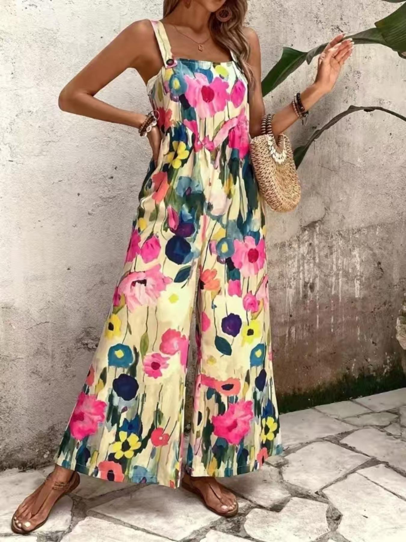 Women's Floral Print Overalls, Boho Casual Fitted Wide Leg Jumpsuit for Beach Holiday Vacation, Ladies Summer Clothes, Womenswear