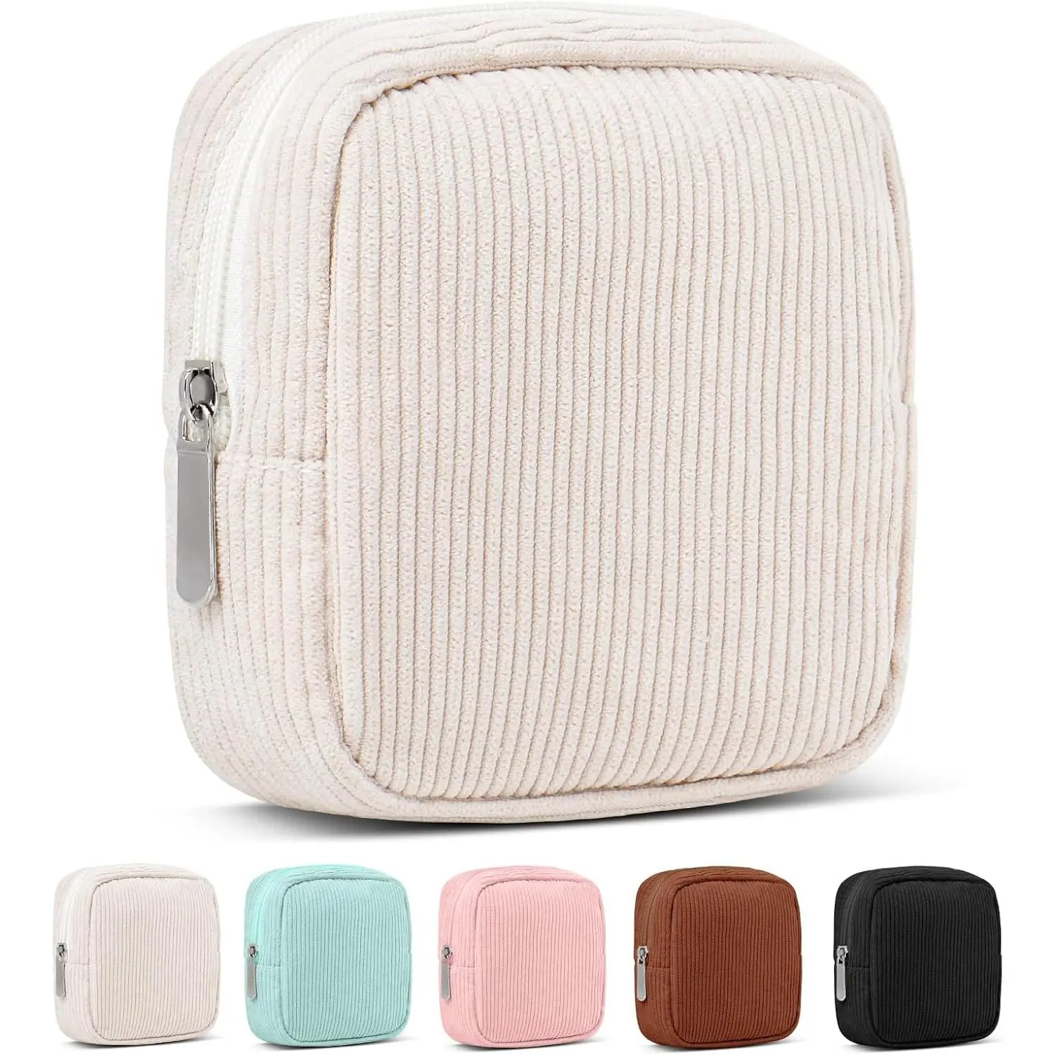 Vintage Portable Mini Cosmetic Storage Bag for Purse - Corduroy Pouch with Metal Zipper, for Cosmetics, Jewelry, Cables, Cute Beige Home Organizer