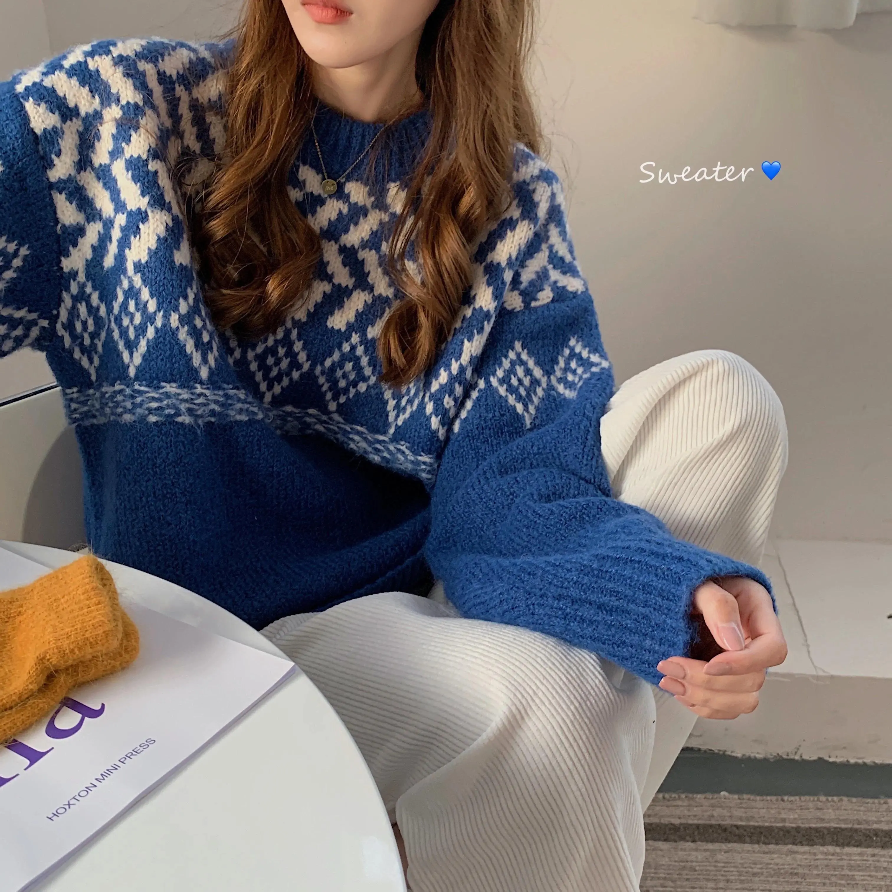 Fair Isle Sweater for Women Thick Knit Geometric Crew Neck Pullover Sweater Warm Knitwear Autumn Winter Grandpa Vintage Outfit