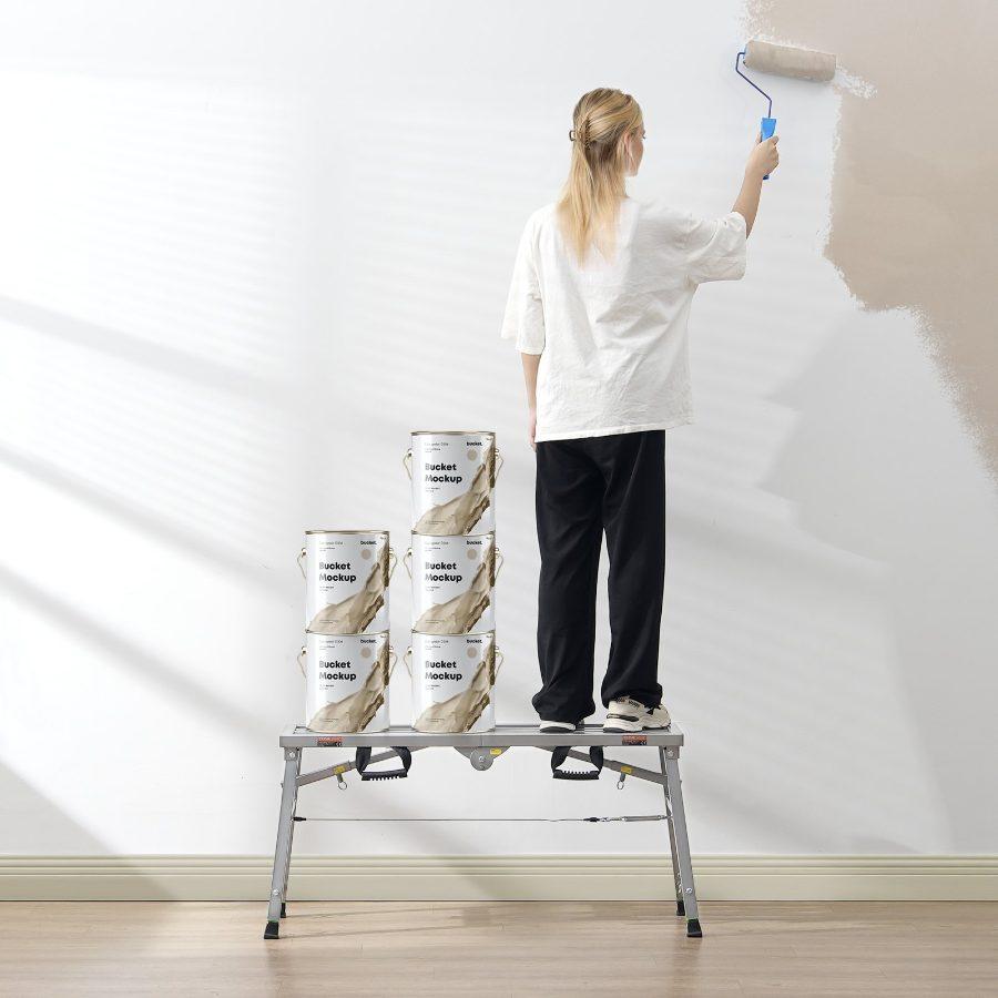 fathersdaygift VEVOR Work Platform, 3 Gear Adjustable Height, Folding Alloy Steel Step Ladder, Portable Scaffolding Platform, 400 lb Load Capacity, Non-Slip Rubber Feet, Drywall Painting Stool, for Cleaning Washing