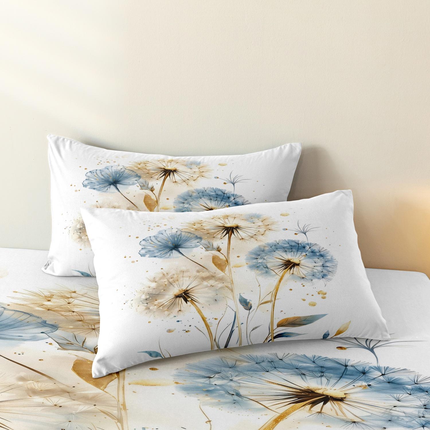 3pcs Set Natural Watercolor Dandelion Fitted Sheet, Botanical Floral Printing Themed Bed Sheets For Themed Hotel And Dorm Decoration (1 Fitted Sheet + 2 Pillowcases No Comforter No Pillow)