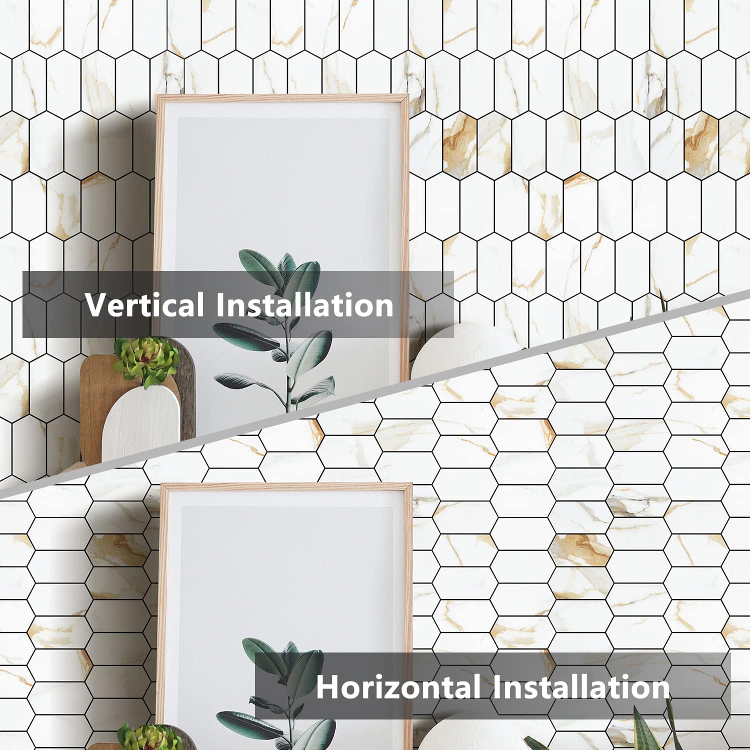 Vamos Tile Long Hexagon Peel and Stick Backsplash Tile - 10 Sheets Stick on Backsplash for Kitchen and Bathroom 12.4 x 12 Inch Calacatta Gold PVC Self Adhesive Mosaic Wall Tiles