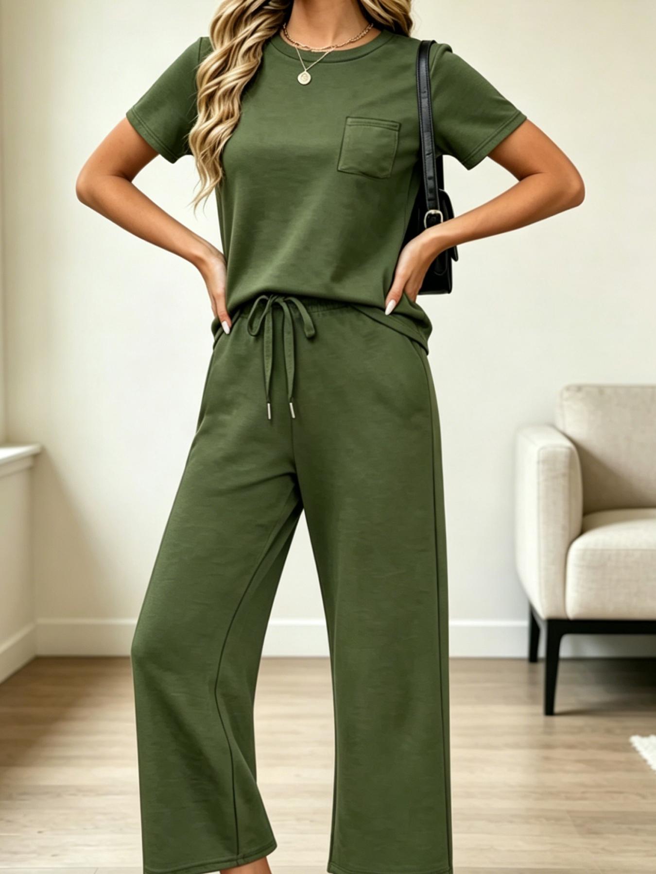 Women's Fashion Solid Color Casual Round Neck Pocket T-Shirt + Drawstring Wide Leg Pants Set Loose Fit Slimming Wide Leg Pants Two-Piece Set Suitable for Summer Commuting to Work Shopping Outings Indoor and Outdoor Wear