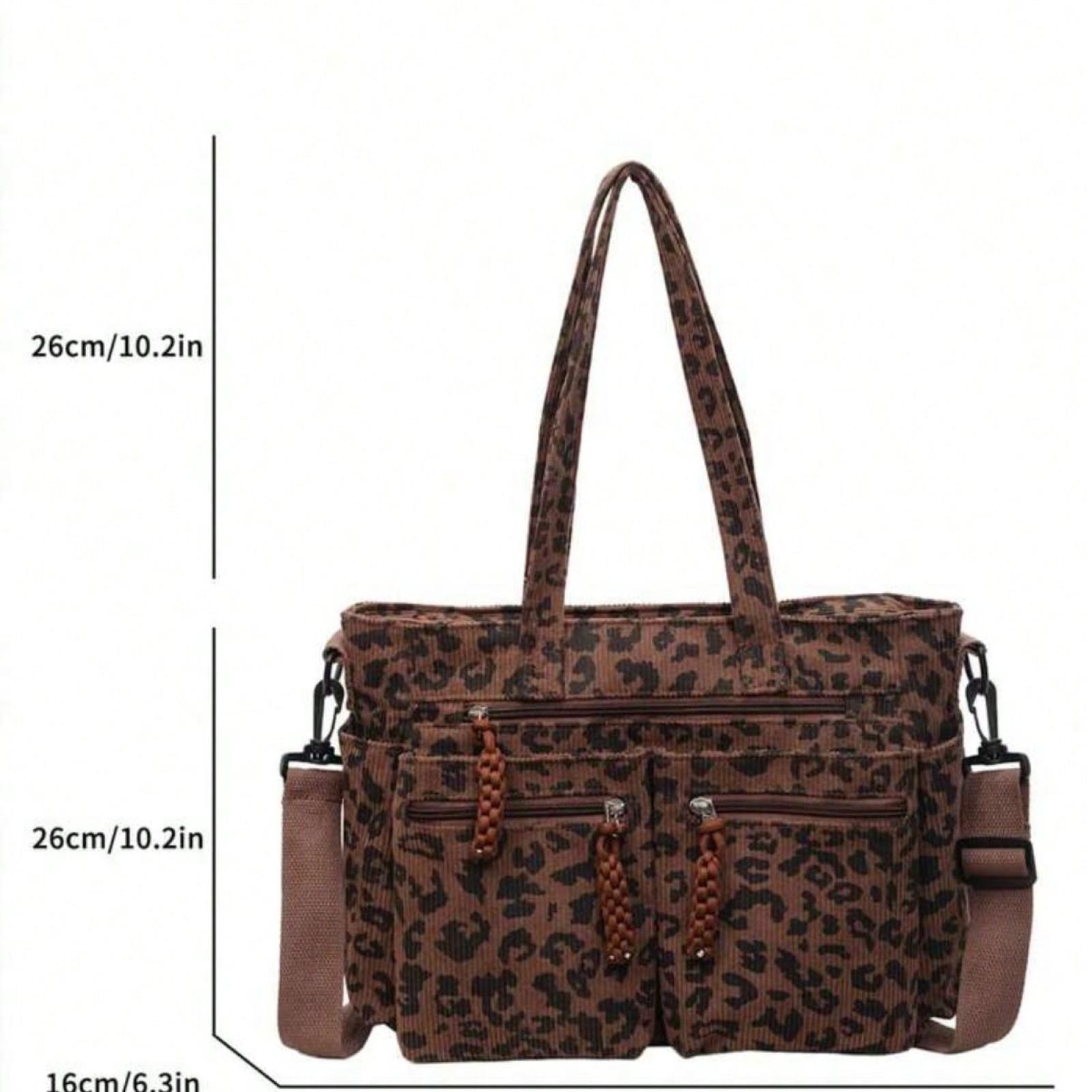 1pc Leopard Print Corduroy Tote Bag for Women, Fashion Large Capacity Multi-Pocket Casual Shopping Bag, Laptop Tote, Detachable Adjustable Shoulder Strap, Suitable for Travel, Business, Campus, Party, Gift