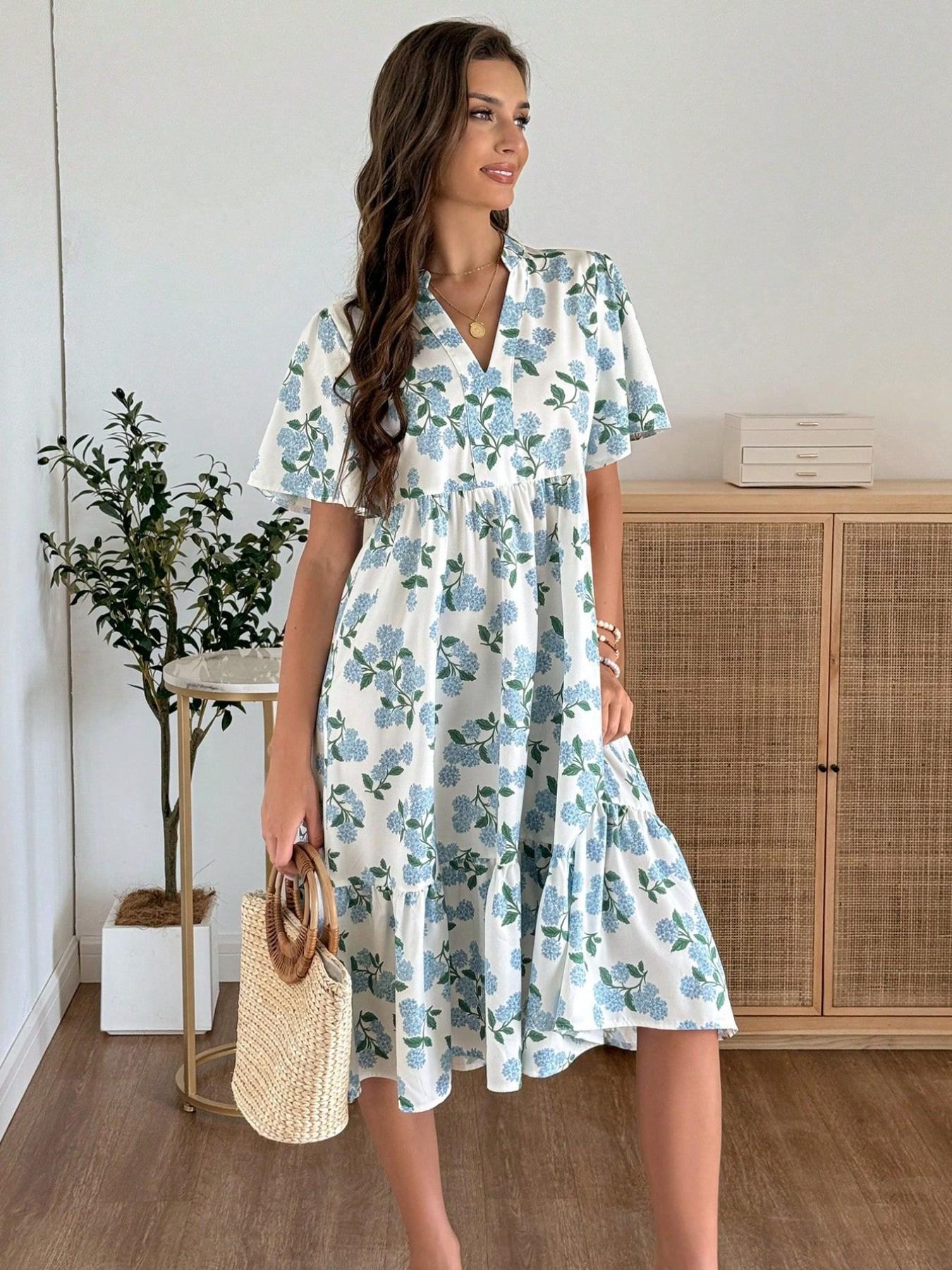 Women's Fashion Blue Floral V Neck Short Sleeve a Line Dress, Summer Loose Fit Slimming Medium Long Babydoll Style Vacation Dress, Womenswear