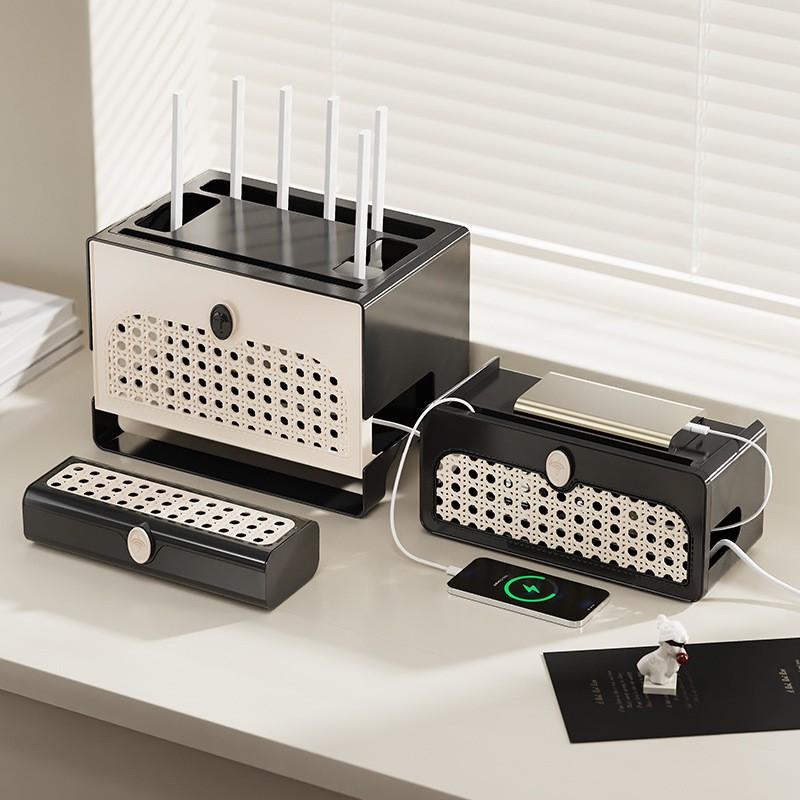 Vintage Woven Style Retro Flip-Top Storage Box, Adjustable Compartments, Data Cable Organizer, Desktop Wire Management, Universal Setting