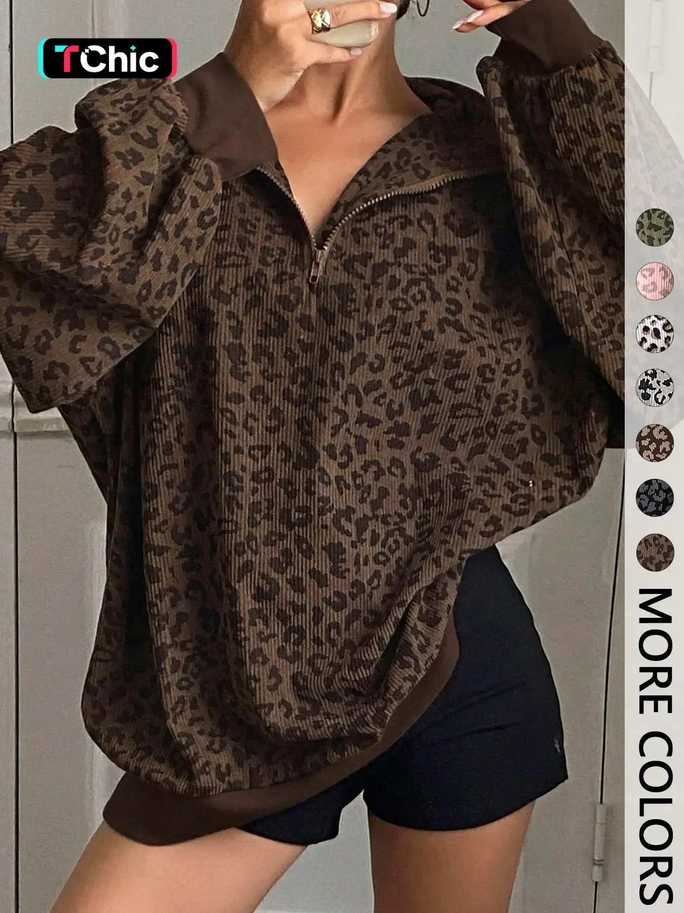Women's Leopard Print Half Zip Pullover Oversized Drop Shoulder Long Sleeve Top Contrast Cuff & Hem Loose Relaxed Fit Casual Streetwear Trendy Animal Pattern Sweatshirt