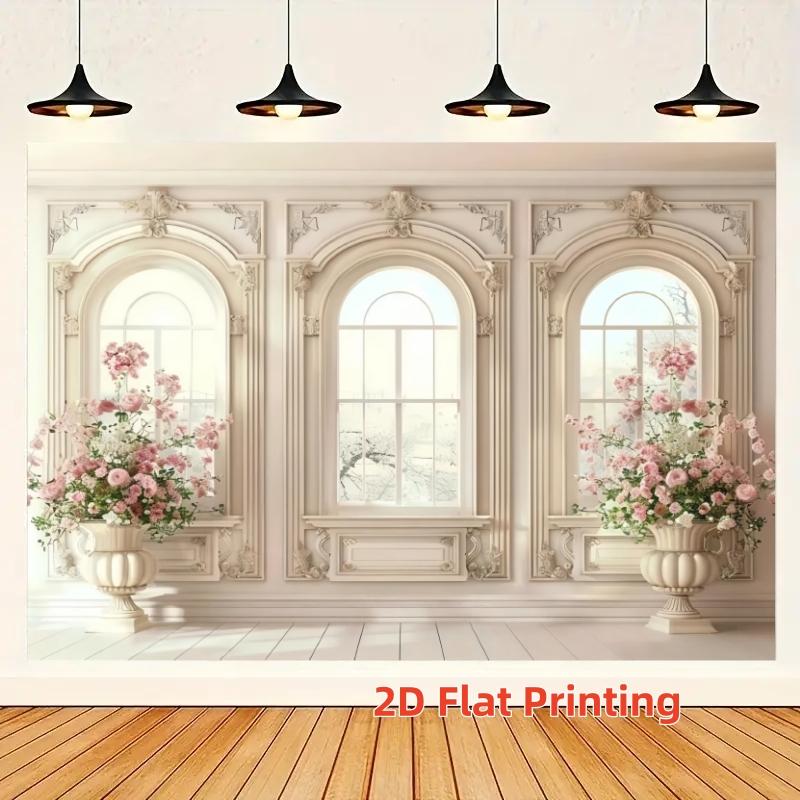 French Vintage Arch Background Cloth, European Floral Window Scene Rose Vase Photo Hanging Cloth, Wedding Birthday Party Decor