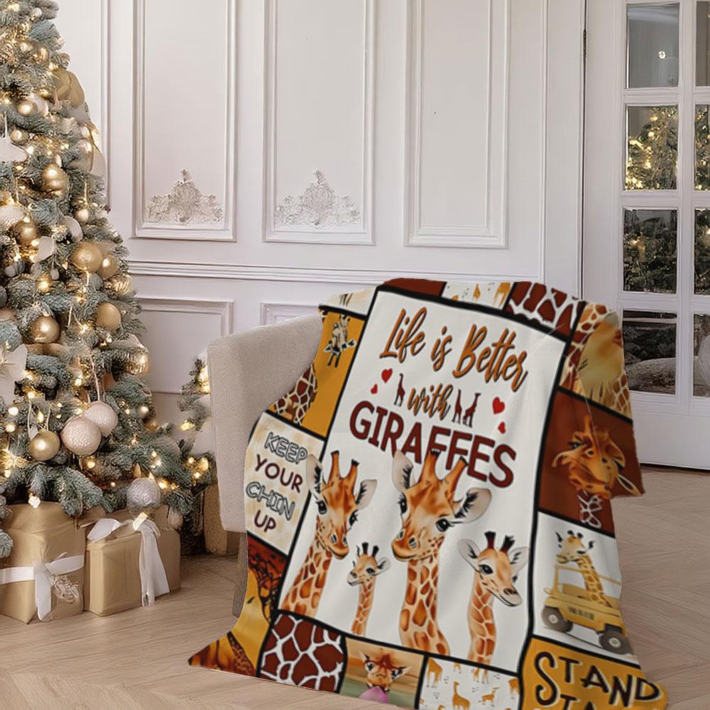 Cute Giraffe Pattern Flannel Blanket, Thick Fleece Blanket, Bedroom Throw, Couple's Blanket, Extra Large Leisure Blanket, Living Room Blanket