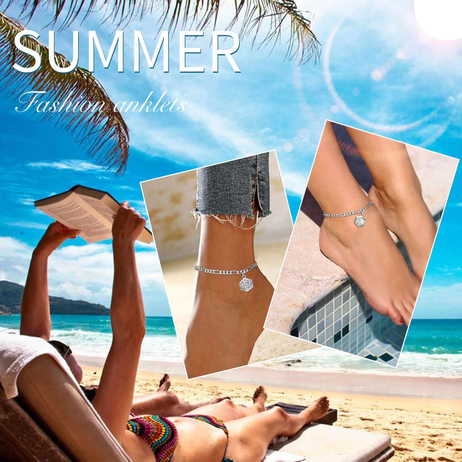 U7 Figaro Chain A-Z Initial Pendant Adjustable Anklet For Summer