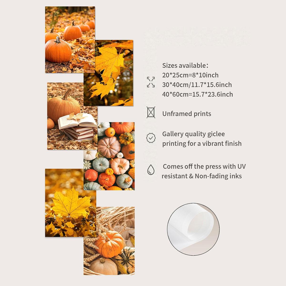 6pcs/set Frameless Canvas Poster Set, Harvest Season Pumpkin Maturity, Maple Leaves, Perfect for Living Room Bedroom Study