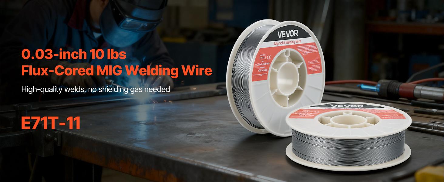 VEVOR Flux Core MIG Welding Wire, E71T-11 0.03-inch 10 LBS, Gasless Mild Steel Welding Wire with Low Spatter for All Position Arc Welding, Self-Shielded for Outdoor Use VEVOR Flux Core MIG Welding Wire, E71T-11 0.03-inch 10 LBS, Gasless Mild Steel Welding Wire with Low Spatter for All Position Arc Welding, Self-Shielded for Outdoor Use