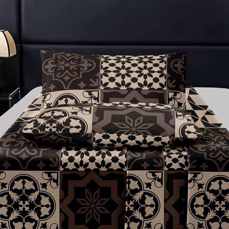 3-Piece Geometric Patchwork Bedding Set, All-Season Mattress Protector, Soft Breathable Deep Pocket Sheet & Pillowcases, Bedroom Decor