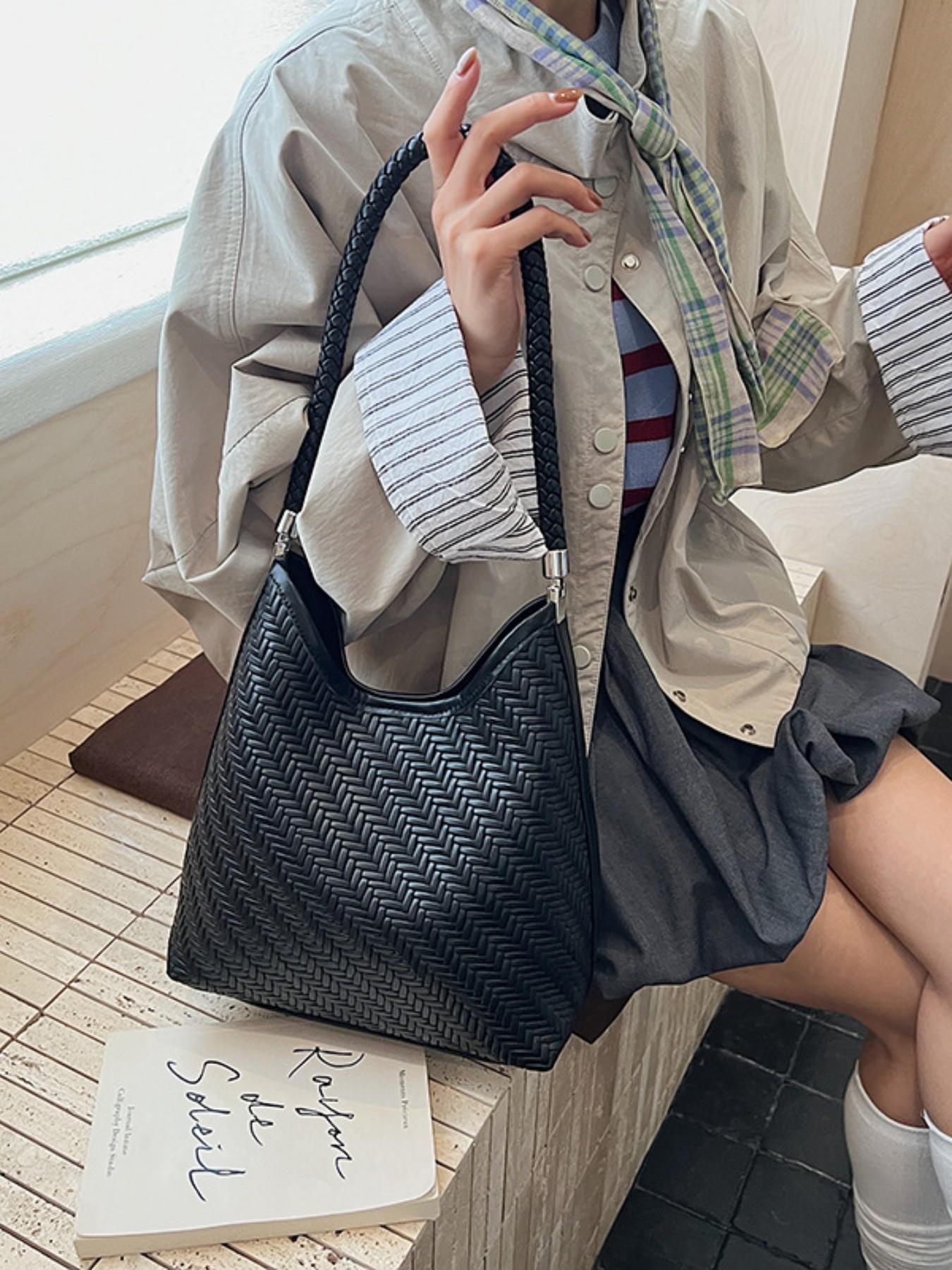 New Minimalist Woven Bucket Bag, Large Capacity Casual Lazy Style Shoulder Tote, Trendy Fashion Accessory for Everyday Use