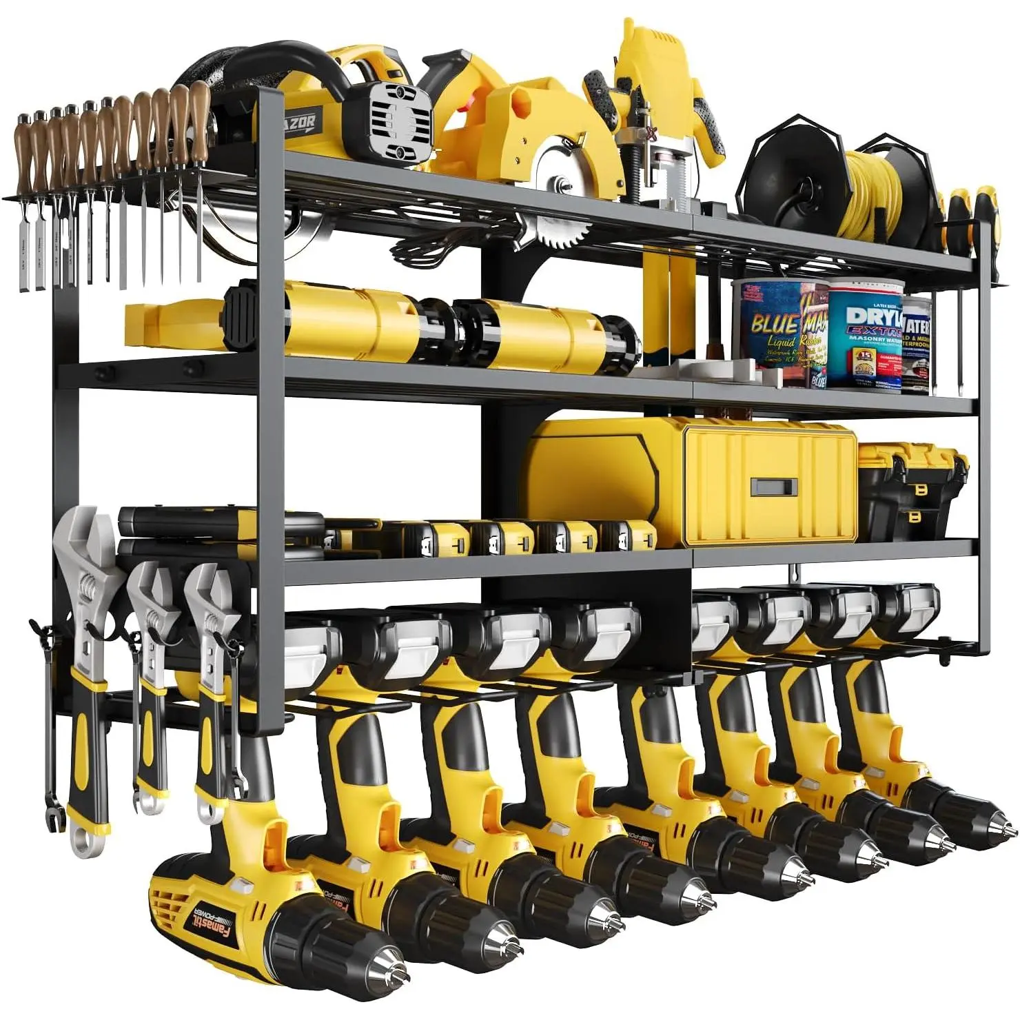Wall Mount Power Tool Organizer, 4-Tier Metal Tool Storage Rack Loads 300 lbs with 8 Cordless Drill Holder, Utility Rack for Garage, Workshop & Basement, Black
