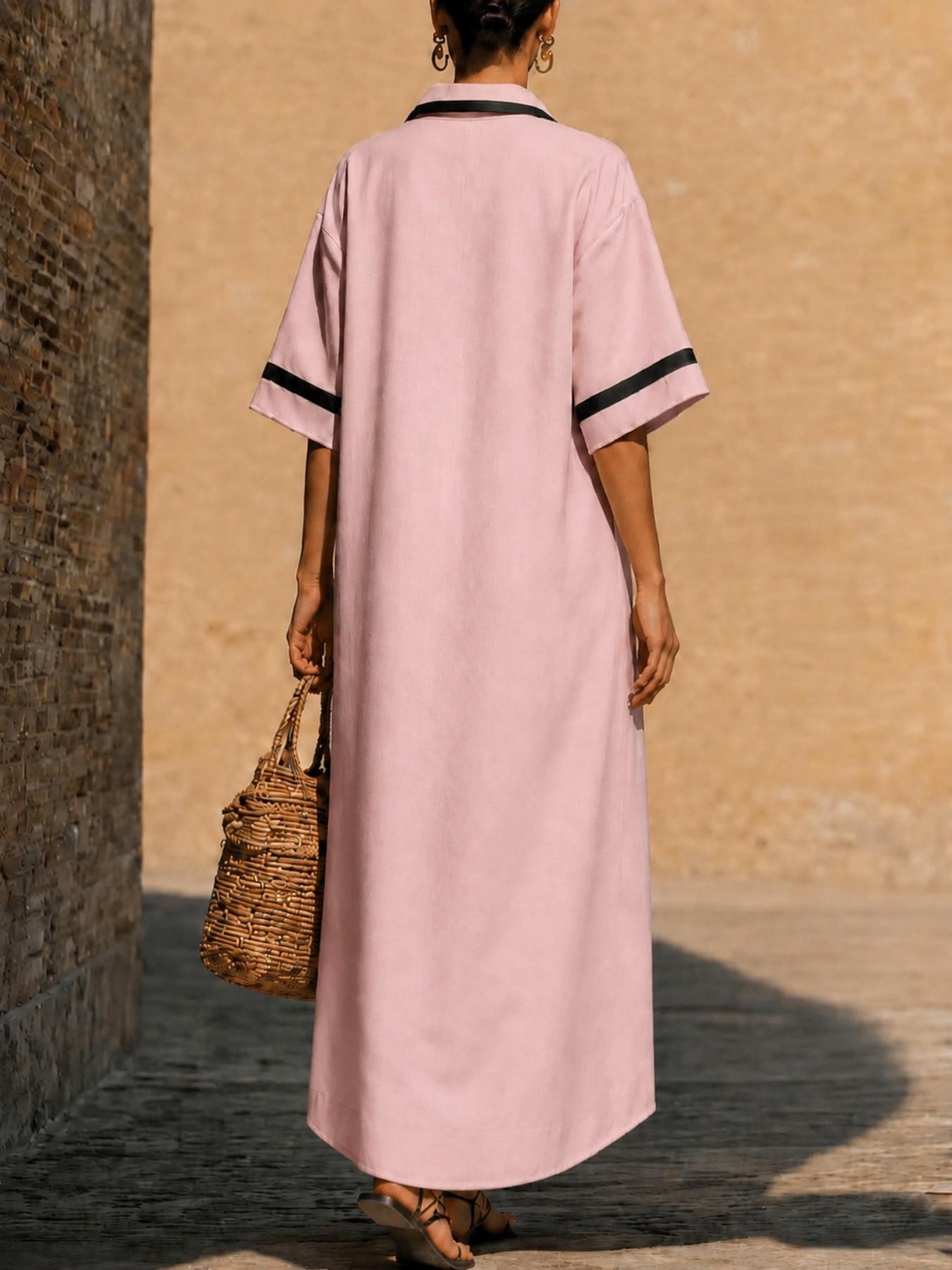 Women's New Kaftan with Pockets, Loose-Fit Striped Print Long Dress, Half Sleeve & Deep V Neck Design, Casual Boho Chic Summer Dress, Bohemian Casual Fashion for Beach and Vacation, Boho Style Dress