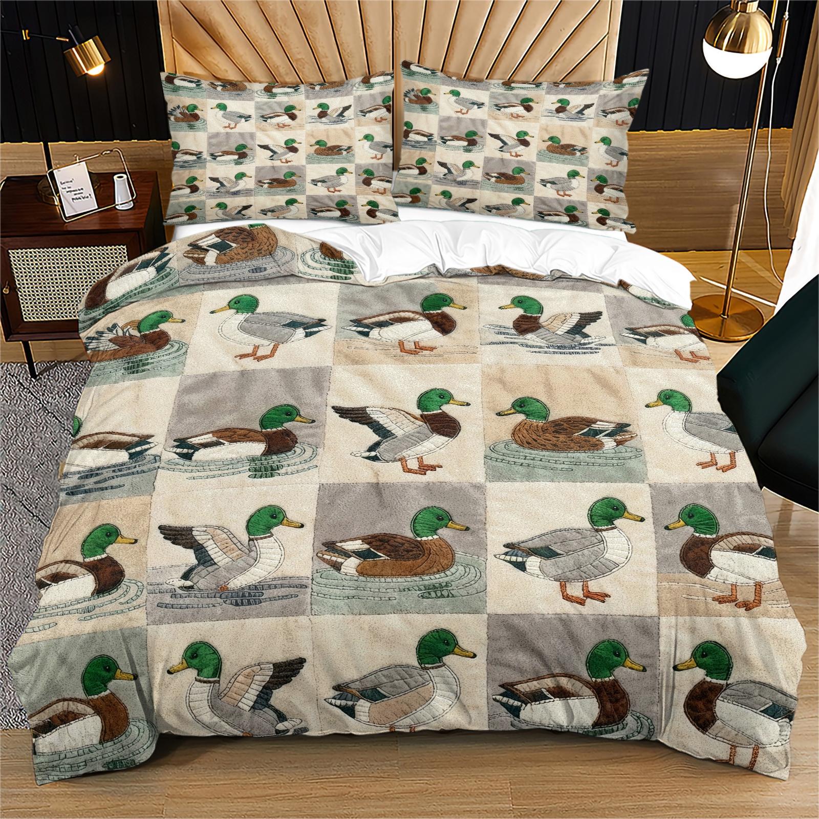 Duck Pattern Printed Bedding Set, Duck Pattern Duvet Set, Duck Design Bedding, Perfect for Adult Bedroom Decor, Includes 1 Fitted Sheet and 1 or 2 Pillowcases, No Core Included