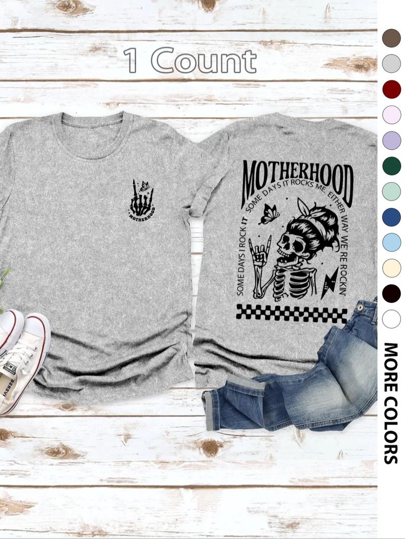 Women's Skull & Letter Graphic Round Neck Tee, Casual Fashion Drop Shoulder Half Sleeve T-Shirt for Daily Wear, Ladies Clothes for All Seasons