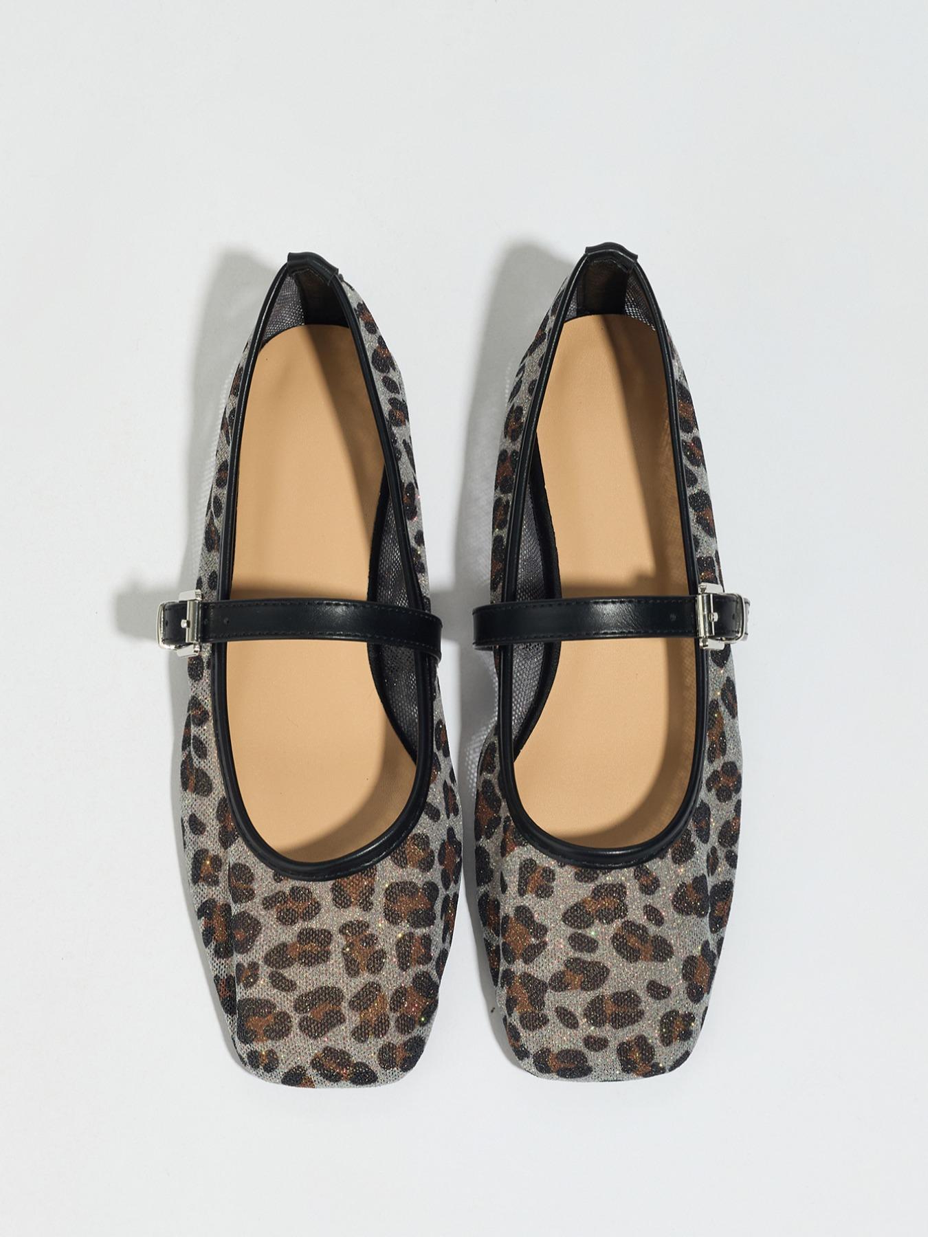Women's Leopard Print Slip-On Netted Ballet Flats, Breathable Mesh Square Toe Mary Jane Shoes, Lightweight Comfortable Casual Sandals
