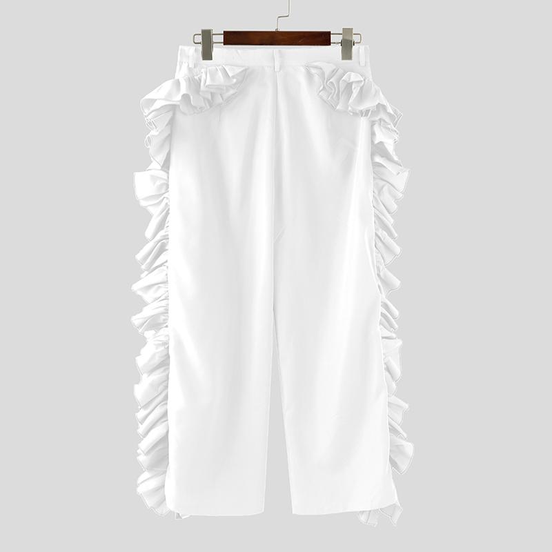 INCERUN Mens High Waist Zipper Ruffles Holiday Party Casual Loose Bottoms Wide Leg Trousers Long Pants