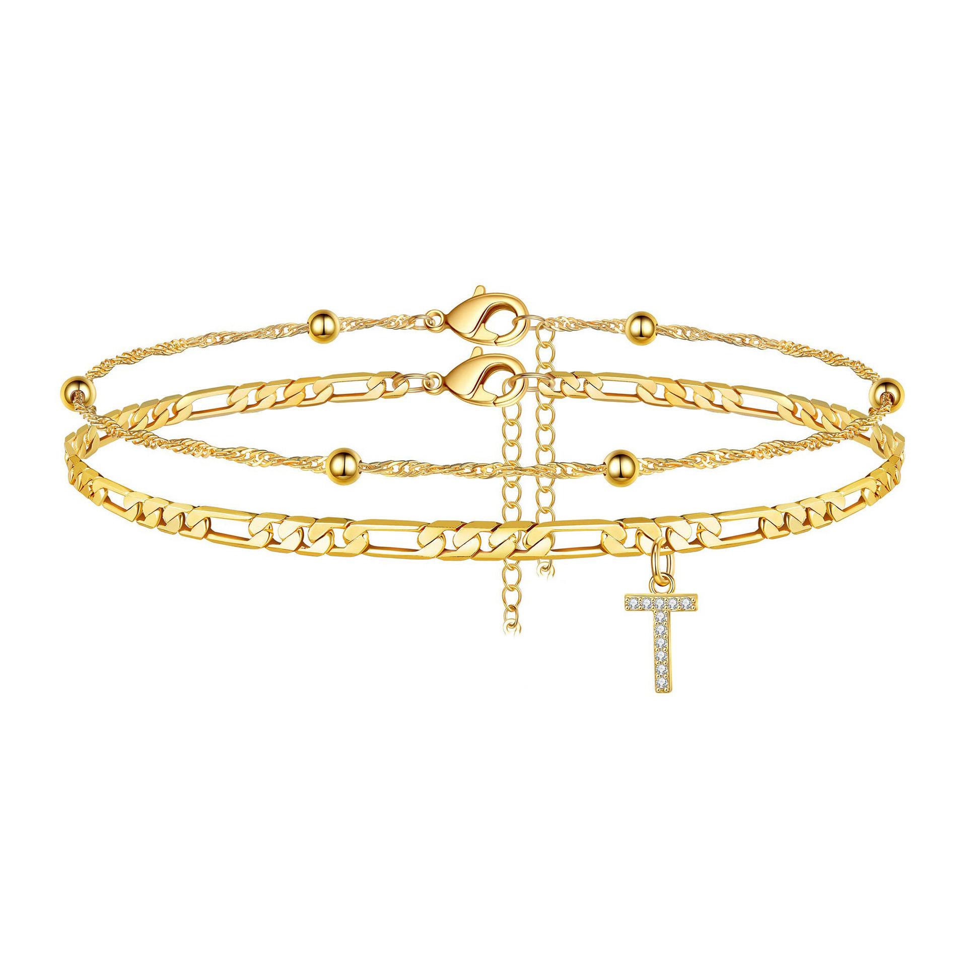 Trending 26-letter micro-inlaid zircon anklet with double-layer Cuban chain and layered beach ankle chain – fashionable and unique foot accessory