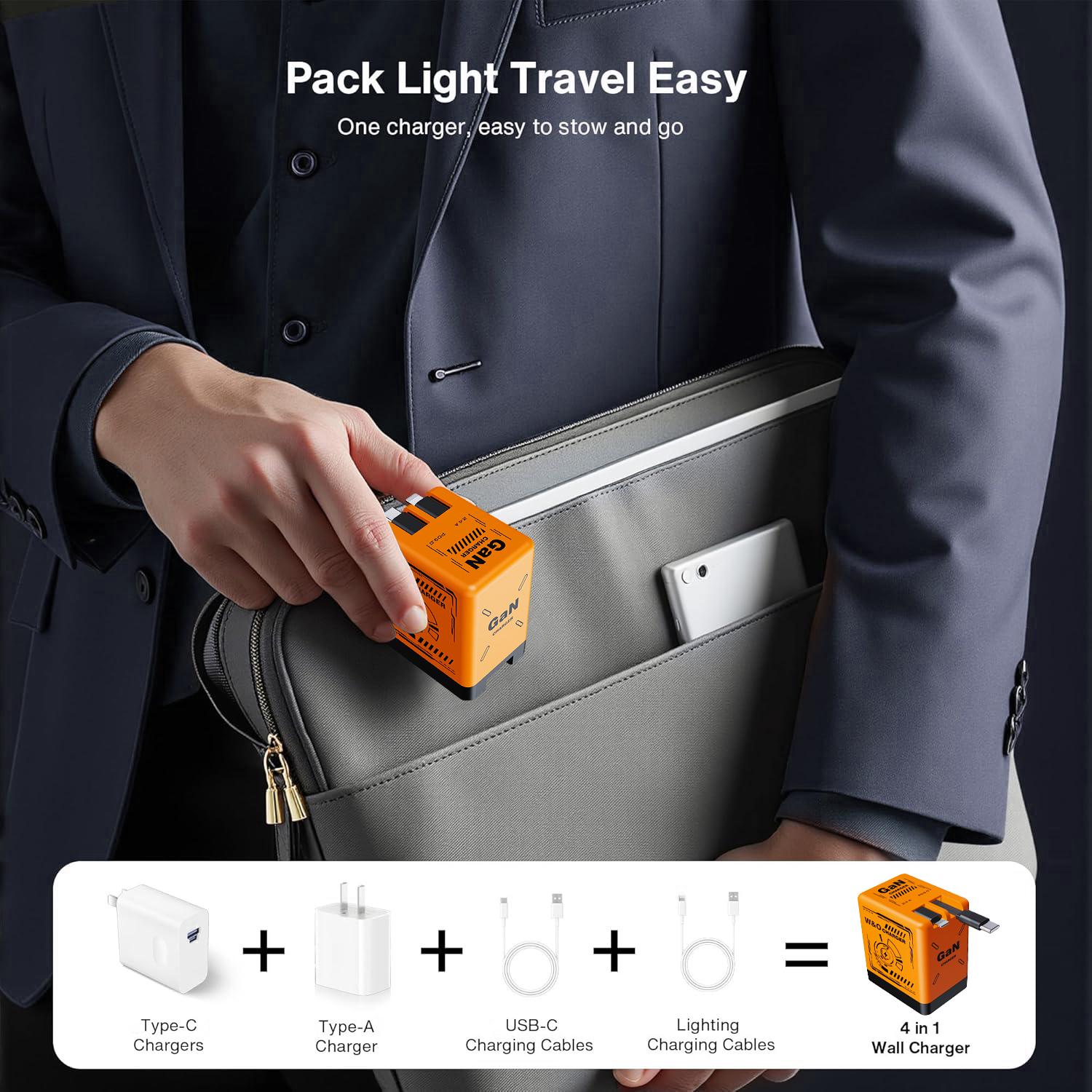 W&O 2 in 1 GaN Charger 80W MAX Fast Charger Folding Charging ortable Yellow Charging Block 2-Port Fast Compact GaN Charger