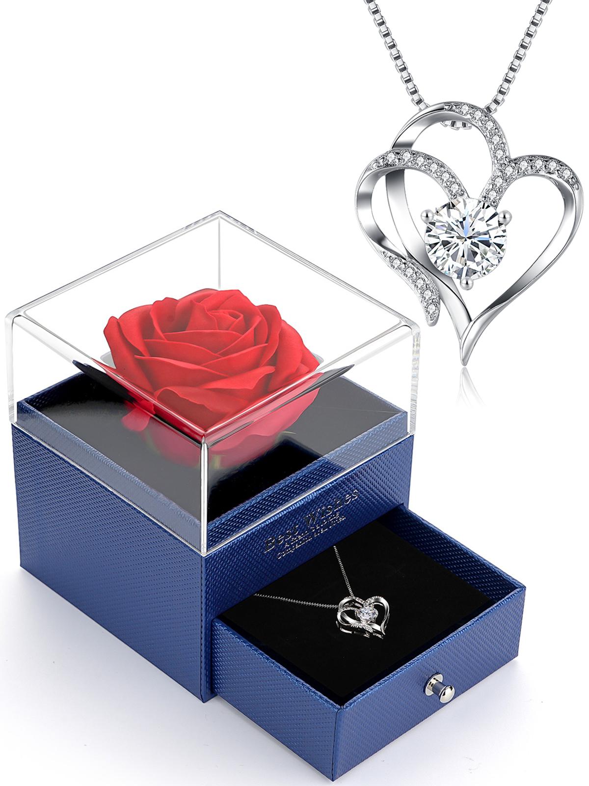gifts for Women, Preserved Rose with Heart Necklace, gifts for Mom Wife Women Sister Grandma Girlfriend Her, Mothers Day  gifts from Daughter Son Birthday Christmas Valentines Day decorative gift box