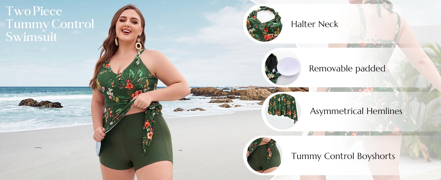 Hanna Nikole Women Plus Size Two Piece Tankini Swimdress V Neck Halter Floral Asymmetrical Hem Swimsuit with Boyshort #TikTokShopBlackFriday SpringStatements