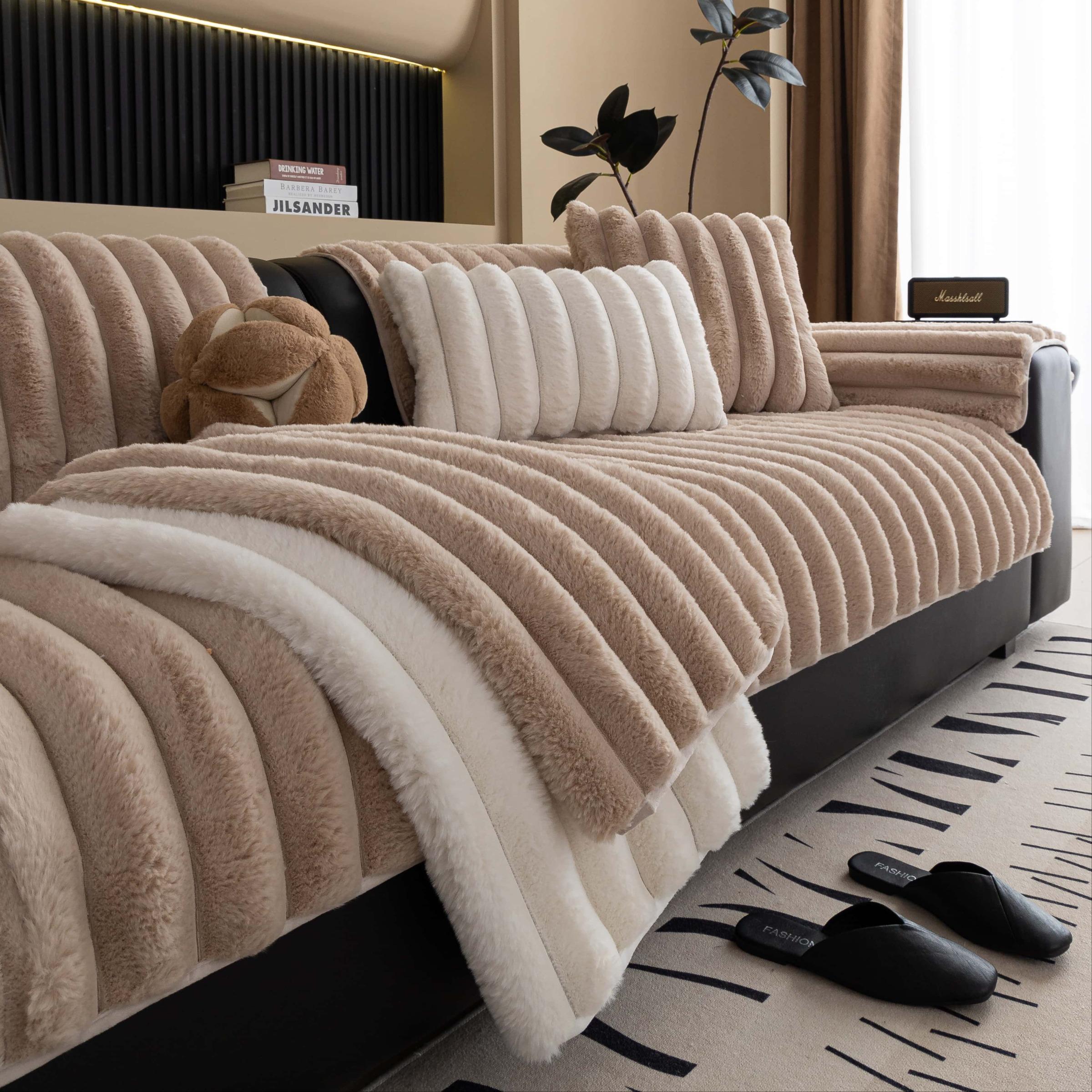 Solid Colour Plush Sofa Cover 1PC, Pet-Friendly Extra Thick Couch Protector, Soft Fluffy Faux Fur Sofa Pad, Non-Slip Machine Washable Anti-Scratch Furniture Throw for Living Room, Sectional, Loveseat & 3-Seater, Sofa Slipcover