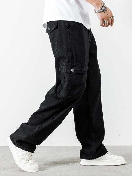 Men's Solid Flap Pocket Cargo Jeans, Loose Casual Street Fashion Denim Pants for Daily Wear, Plain Denim Trousers, Men's Trousers for All Seasons