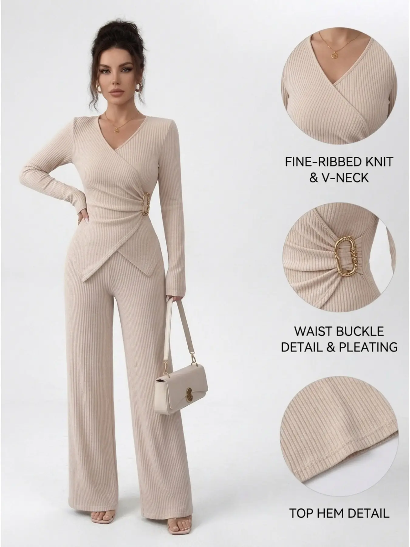 Women's 2-Piece Casual Versatile Plain Cross V-Neck Long Sleeve T-Shirt with Metal Button and Wide Leg Elastic Waist Pants Set, Elegant Office Outfit
