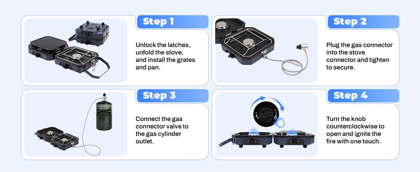 SCITOO 2 Burner Folding Camping Stove with Griddle, Portable Camp Isobutane Gas Stove with 16000 BTU Adjustable Burners & Piezo Ignition wind proof
