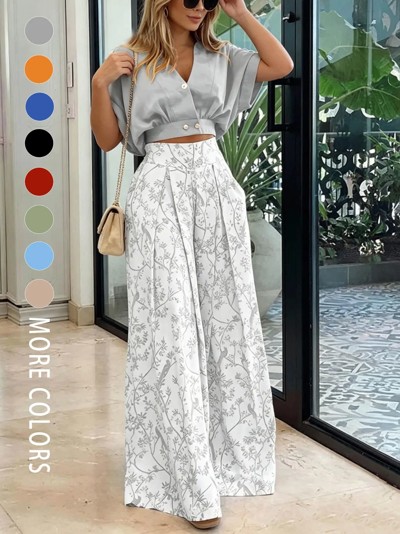 Two piece set for ladies with a loose, Oversized, high-end vacation style and light luxury commuting style, featuring a retro ink wash flower and bird print design, suitable for all seasons, daily commuting, vacation, and party dressing.