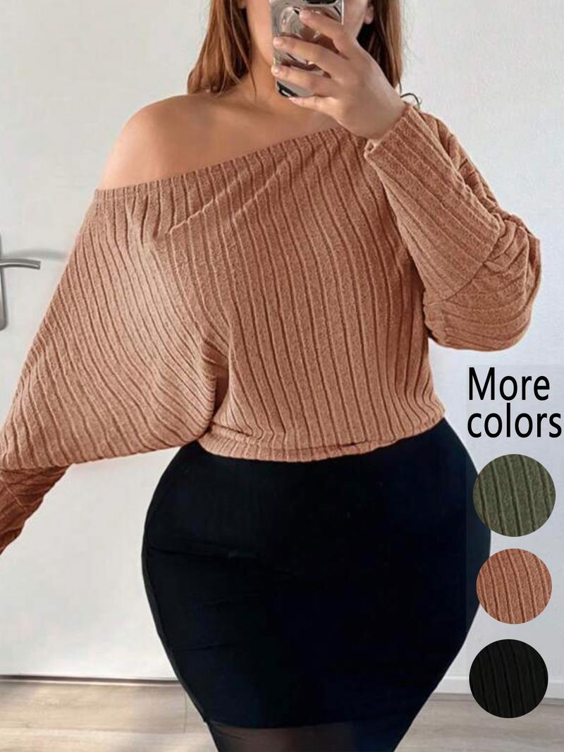 【Plus Size】1 Piece Off-Shoulder Ribbed Knit Sweater, Tik Tok Trendy Loose Style, Batwing Sleeve & Crop Design, Cozy & Fashionable, Perfect for Plus-Size Fashionistas Daily Wear & Dating Looks