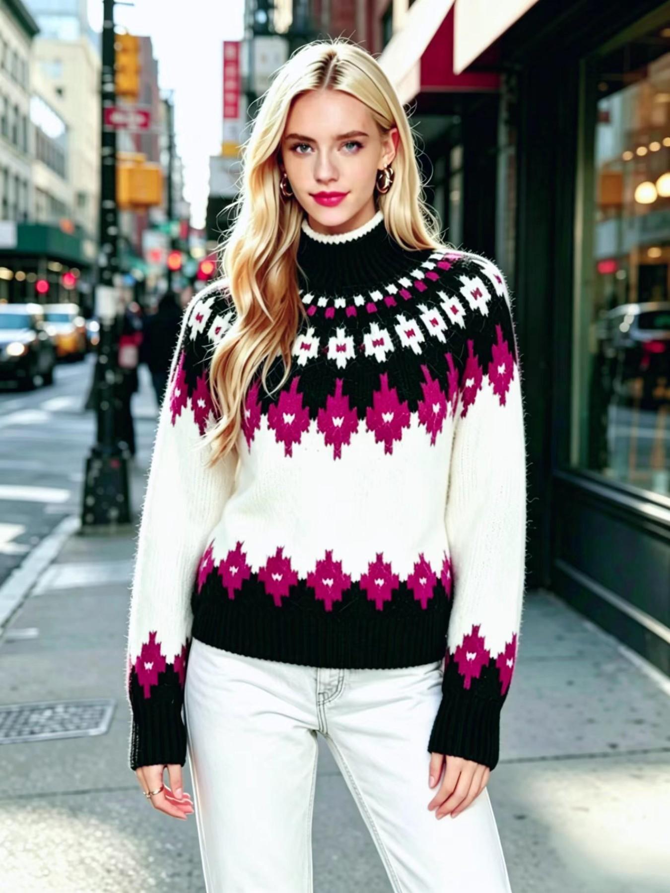 Vintage Women's Knit Patchwork Pullover Sweater, Warm Fuzzy Fabric, Half High Neck Long Sleeve, Fall Winter Casual Commute Daily Wear, Knitwear