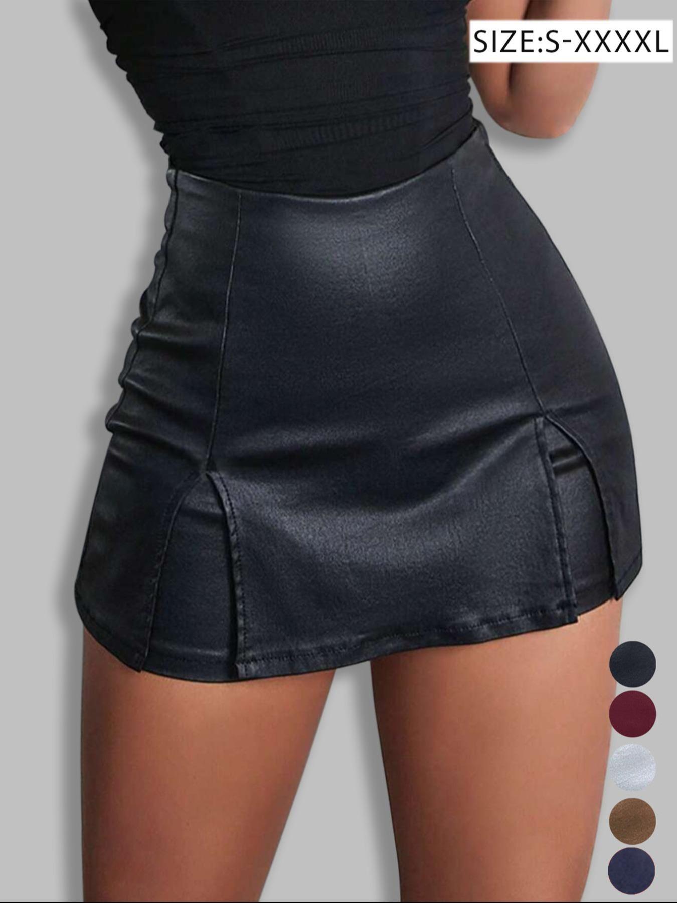 Women's Split Hem High Waist Skinny PU Skorts, Stretchy Zip Back Faux Leather Skort for Holiday Club Daily Wear, Lady's Bottoms for All Seasons