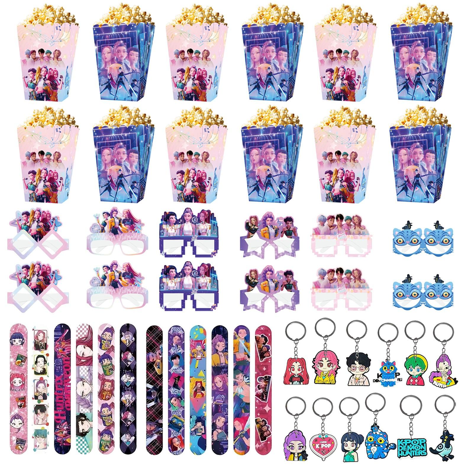 Korean cartoon girl group birthday party gift set of four, 12 bracelets, 12 keychains, 12 popcorn boxes, 12 decorative glasses – the best choice for a birthday party