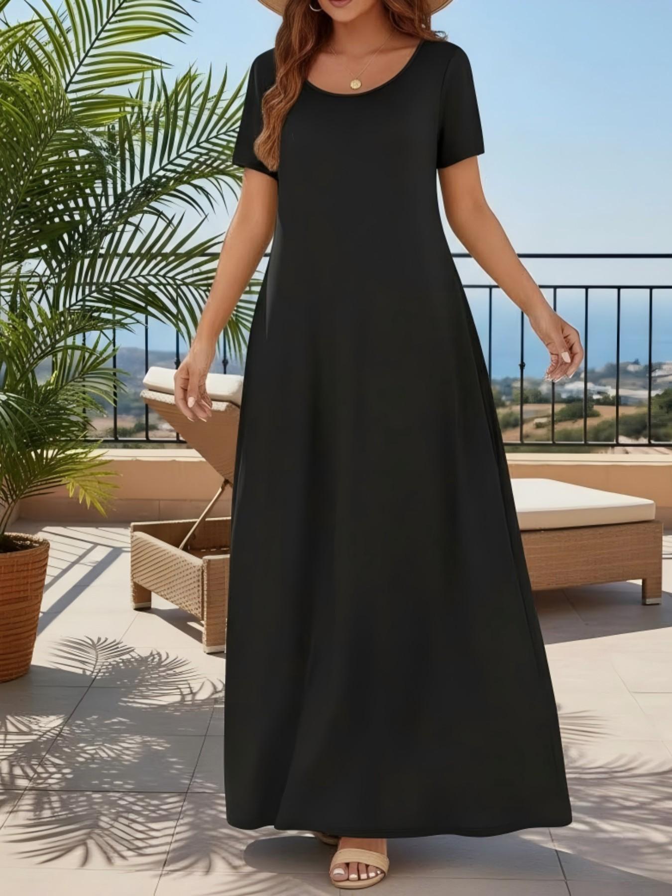 Women's Casual Commuter Plain Minimalist Short Sleeve Dress with Pockets, Loose Fit Summer & Fall, Essential Beachwear