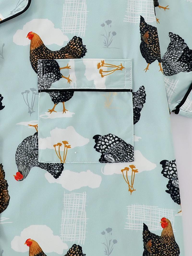 Women's Summer Cool Short Sleeve Sleepwear Set, 2 Piece Button Front Top and Elastic Shorts, Cartoon Chicken Print, All Seasons Comfortable Fit