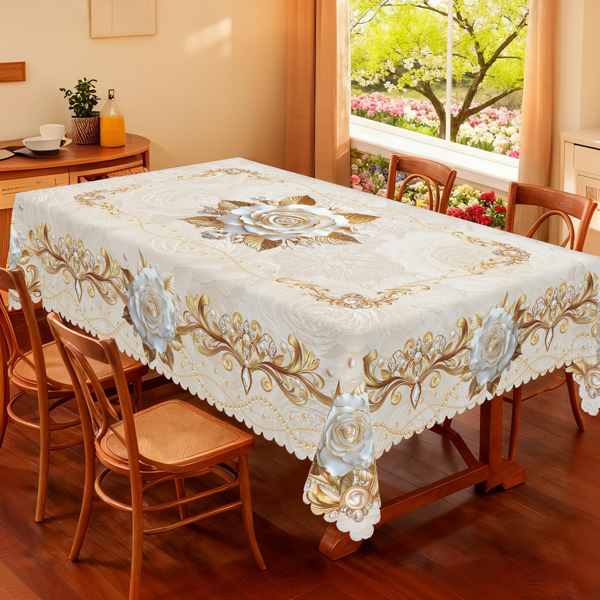 PUFMATE Floral Tablecloth, French Elegant Floral Print Tablecloth, Rectangle Round Multiple Sizes Table, New Year Party Decor, Outdoor Gardens, Festive Gatherings, Valentine's Day, Restaurant Banquet Decorations, Family kitchen Room Decorating