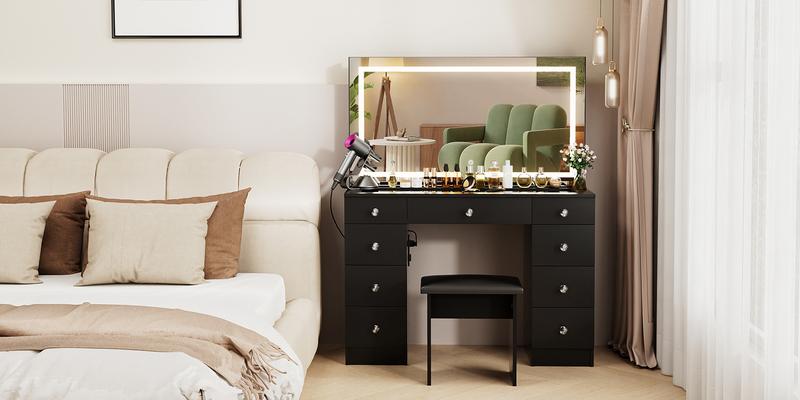 VOWNER Makeup Vanity Desk with Glass Top,Lighted Mirror ,9 Drawers, Soft Cushioned Stool for Bedroom