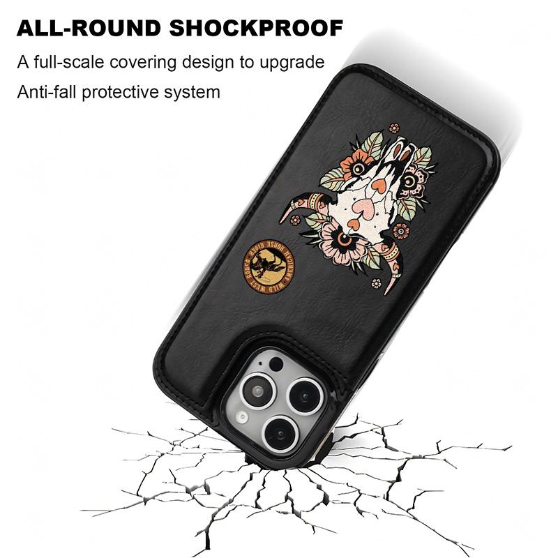 Trendy Creative Unique Retro Western Cowboy Pattern  Holder Wallet Aesthetic Pattern Black Casing For iphone 16 15 14 13 12 PRO PLUS MAX PU Leather Stylish Gift Shockproof Protection Anti-Drop Protective Protector Phone Cases Shell Cover
