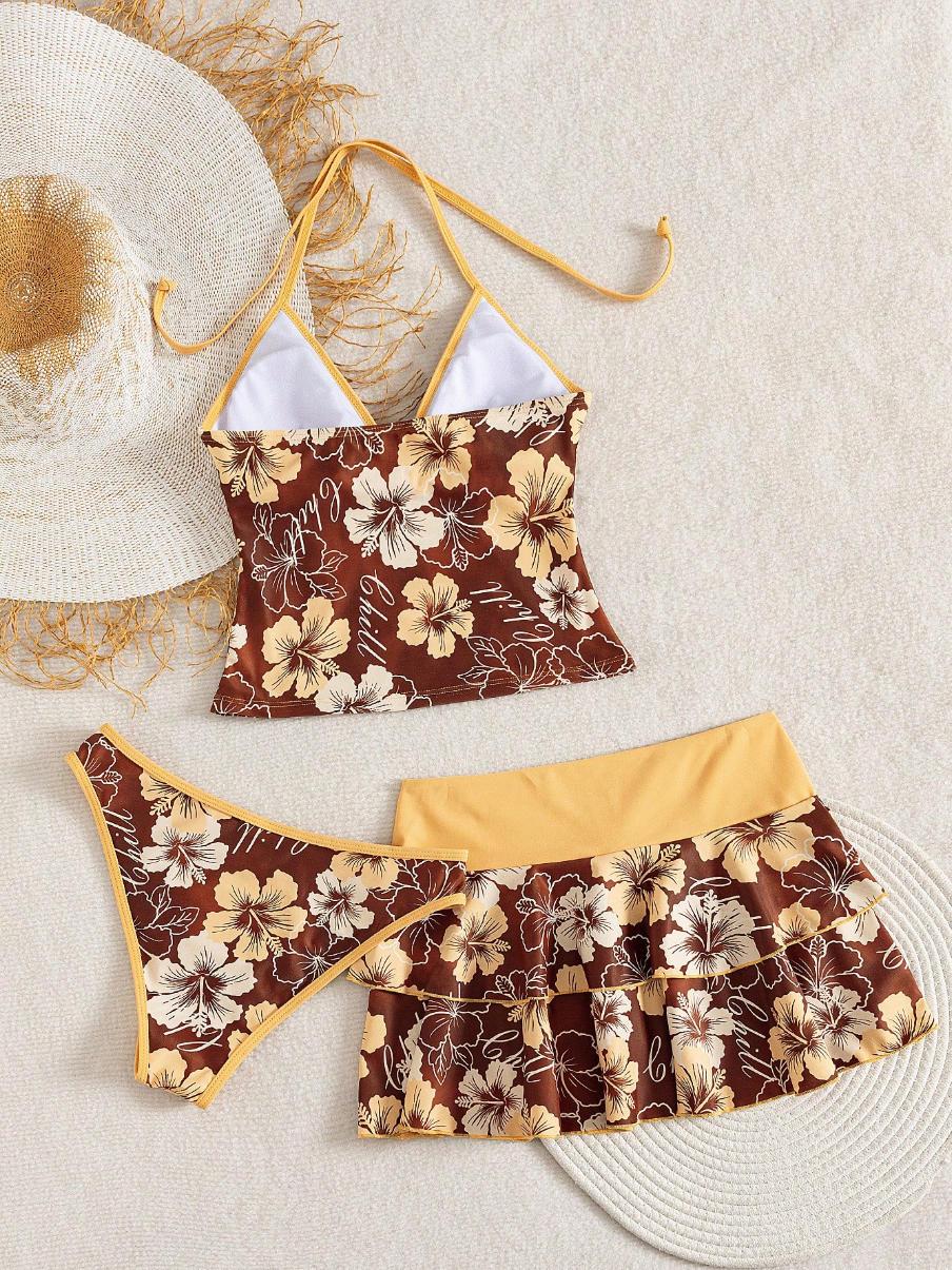Women's Summer Beach Festival Print Halter Bikini Set, Casual Vacation Style, Fitted Tank Top and Skirt Three-Piece Suit, Tankini Sets