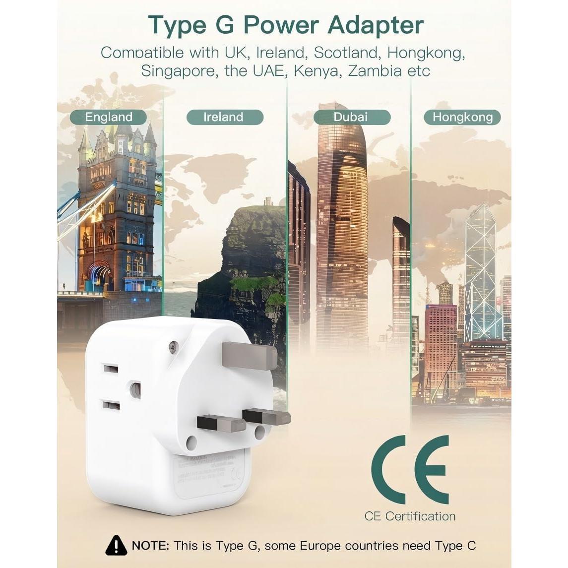 to UK Ireland Travel Plug Adapter, Type G Power Plug Adapter with 3 Outlets 3 USB Ports(2 USB C), UK Adapters for Travel for  to Dubai England London Scotland  Kenya Irish Hongkong